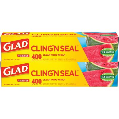 غلاف بلاستيكي شفاف Glad Cling 'N Seal لحفظ الطعام 400 قدم مربع/لفة، لفتان