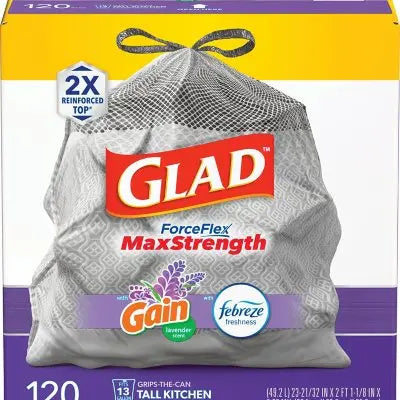 Glad ForceFlex Max Strength Tall Kitchen Drawstring Trash Bags, Gain Lavender 13 gal., 120 ct.