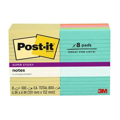 Post-it Super Sticky Haftnotizen, 101 x 152 mm, sortierte Farben, liniert, 8er-Pack, 800 Blatt gesamt