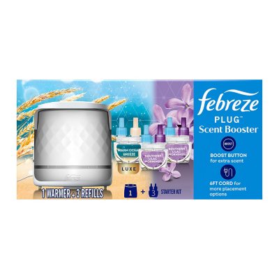 مجموعة بداية الزيت المعطر Febreze PLUG، مدفئ + 2 عبوات إعادة تعبئة "Southern Lilac Mornings" + 1 عبوة إعادة تعبئة "Warm Ocean Breeze"
