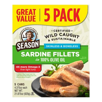 Season Skinless, Boneless Sardines in Olive Oil, 4.375 oz., 5 pk.