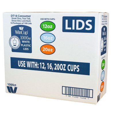 WinCup 18 Series 12-24 oz. Plastic Lids for 18 Series Foam Cups, Tear Tab + Straw Slot 1000 ct.
