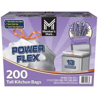 Member's Mark Power Flex Müllsäcke für hohe Küchenmülleimer, 49 Liter, Lavendel, 200 Stück