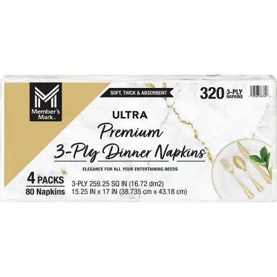 Member's Mark Ultra Premium 3-lagige weiße Servietten, 4 Pkg., 80 Servietten/Pkg.