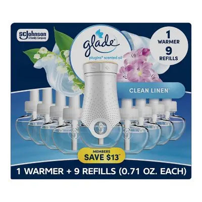 Glade PlugIns Scented Oil, Clean Linen, 1 Warmer + 9 Refills