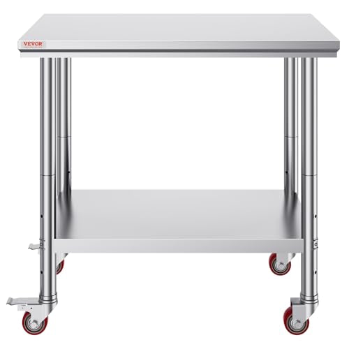Vevor Mophorn Stainless Steel Work Table 36x24 Inch with 4 Wheels, Casters Heavy Duty Food Prep Worktable for Commercial Kitchen Restaurant, Silver