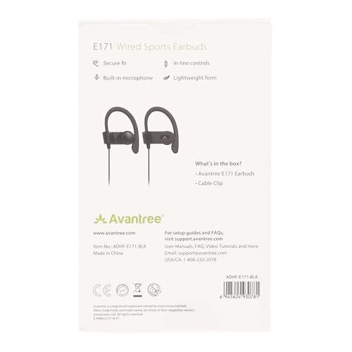 Avantree E171 - AUX 3.5mm Wired Earbuds with Microphone & in-Line Volume Control, Compatible with Traditional 3.5mm AUX Phones Corded Headphones with Ear Hook for Running & Sports, Black