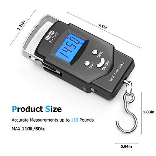 Dr.meter Fish Scale Luggage Scale Fishing Gear - 110lb/50kg Backlit LCD Display Digital Scale with Built-in Measuring Tape - Fishing Scale with 2 AAA Batteries, Pocket Size - Fishing Gifts for Men