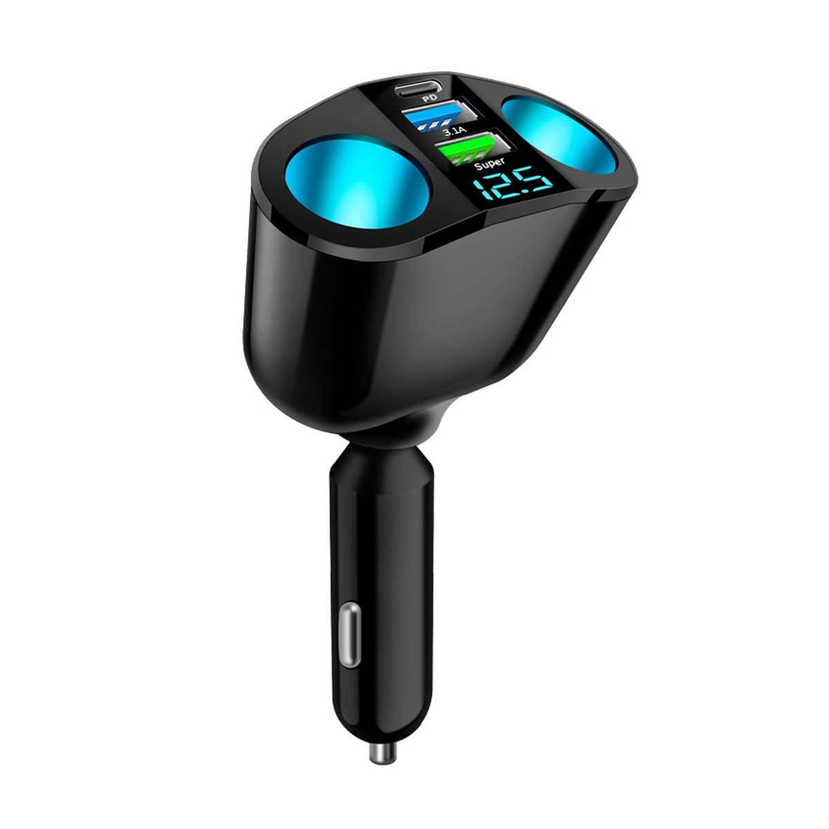 Auto Zigarettenanzünder Verteiler, 2-fach Zigarettenanzünder Adapter mit LED Voltmeter, Dual USB QC3.0 Type-C 20W PD Schnellladefunktion, 12V/24V Verteiler Adapter für Smartphone GPS Dashcam