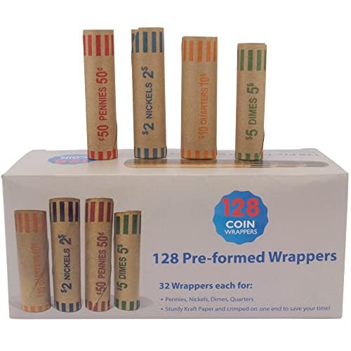 L LIKED Preformed Coin Wrappers Rolls (128 Assorted) - Quarters, Pennies, Nickels and Dimes