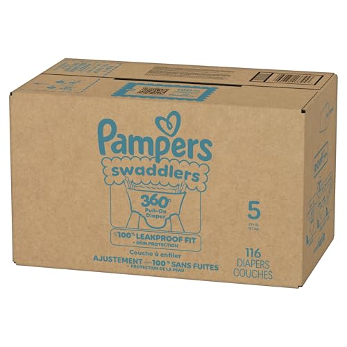 Pampers Diapers - Swaddlers 360° - Size 5, 116 Count, up to 100% Leakproof Comfy Dry Fit, Designed for Easy Changes, Pull On Baby Diaper (Packaging May Vary)