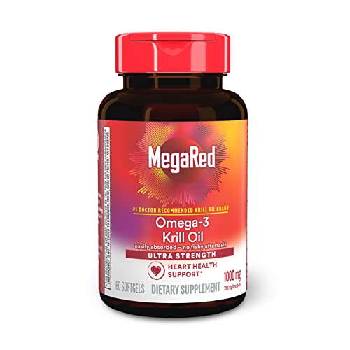 MegaRed Ultra Strength 1000mg Omega-3 Krill Oil Supplement with EPA/DHA, Astaxanthin & Phospholipids, No Fish Oil Aftertaste Supports Heart, Brain, Joint and Eye Health, 60 Count Softgels.