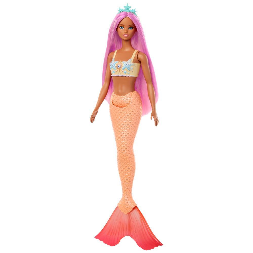 Barbie Meerjungfrauenpuppe mit pinkem Fantasy-Haar & Stirnband-Accessoire, Spielzeug mit von Seesternen inspiriertem Oberteil & weichem orangefarbenen Schwanz