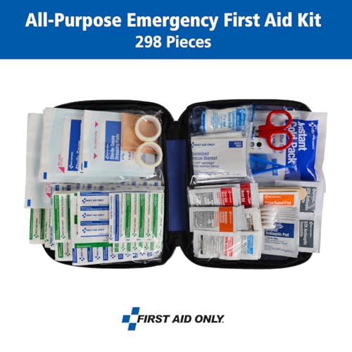 First Aid Only 299 Piece All-Purpose Emergency First Aid Kit for Home, Office, Car, Apartment, Dorm, and Camping, Travel-Friendly Compact Pouch Fits in Backpacks, Suitcases, Cabinets, and Drawers