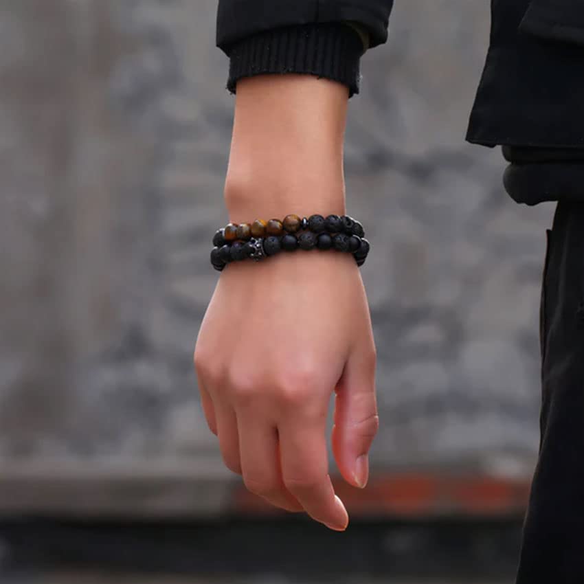 Tiger Eye Bracelet For Men 8MM Natural Stone Beads Bracelet Set Stretch Lava Rock Bracelets Adjustable Black Crystal Beaded Bracelet for Men Women Gifts