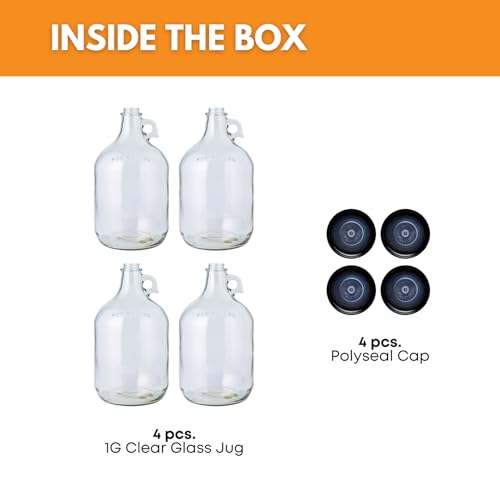 Fastrack 4-Pack 1 Gallon Glass Jug Set (128 oz) w/ Polyseal Caps | Multipurpose 1 Gallon Jug, & Detergent Dispenser for Laundry, Glass Jar for Liquids, Water & Juice
