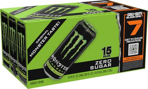 Monster Energy Zero Sugar, Green, Original, Low Calorie Energy Drink, 16 ounce (Pack of 15)