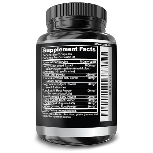 Super Strength 1590mg Horny Goat Weed 120 Capsules With Maca Arginine & Ginseng - Naturally Boost your Health, Workout Performance, Endurance & Energy, Joint Health For Men & Women (120C)