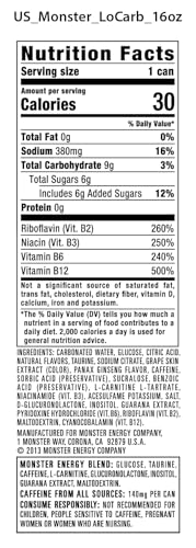 Monster Energy, Lo-Carb Monster, Low Carb Energy Drink, 16 Ounce (Pack of 15)