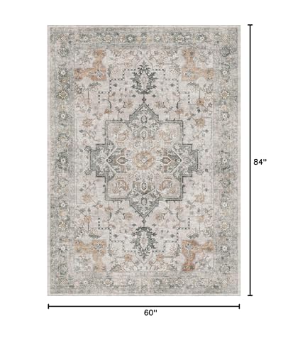 GENIMO 5X7 Area Rugs for Living Room, Machine Washable Non Slip Vintage Rugs, Low Pile Lightweight Chenille Print Rug for Bedroom, Dining Room, Home Office, Light Taupe Brown