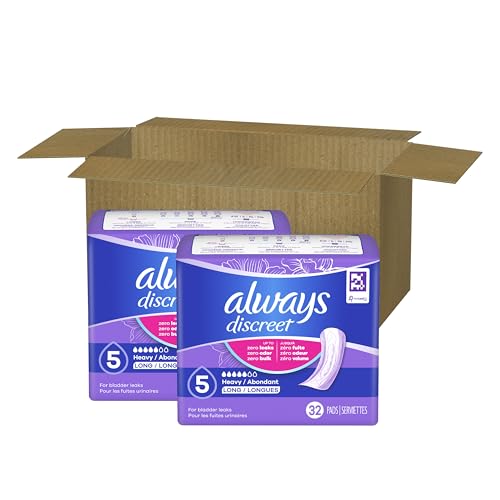Always Discreet Adult Incontinence Pads for Women, Heavy Absorbency, Long Length, Postpartum Pads, 64 Count (2 Packs of 32)