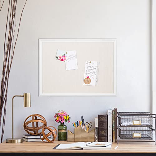 U Brands Farmhouse Linen Bulletin Board, 23"x17", White Wood Style Frame, Industrial Grade Pinning Surface