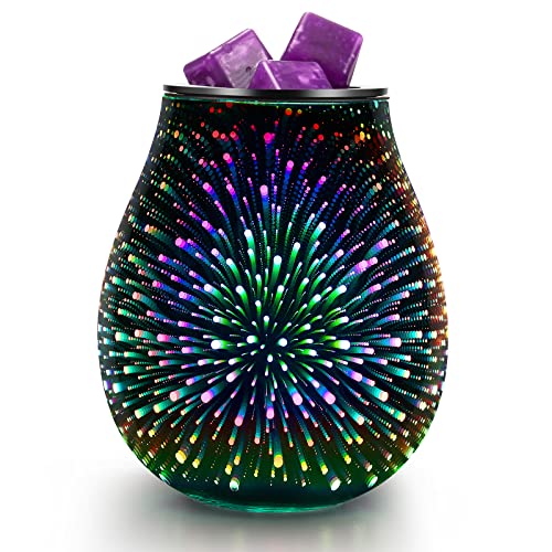 Inrorans 3D Glass Electric Wax Melt Warmer Oil Burner with Stable Heating PTC Reusable Silicone Tray 7 Colorful Changing Led Light Night Light Scent Warmer for Home Fragrance Warmers(3D Firework)…