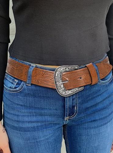 Western-Leather-Belts-Women Vintage Waist-Belts with Hollow Out Flower Buckle