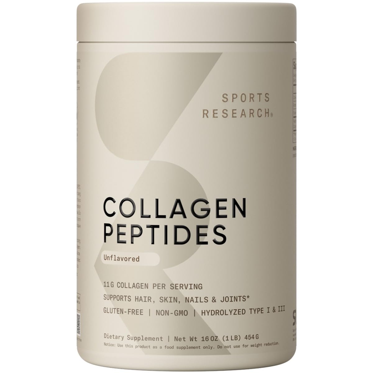 Sports Research Kollagenpeptide für Frauen & Männer, Geschmacksneutral, 454 g, hydrolysiertes Typ 1 & 3 Kollagenpulver-Proteinergänzung für gesunde Haut, Nägel, Knochen & Gelenke