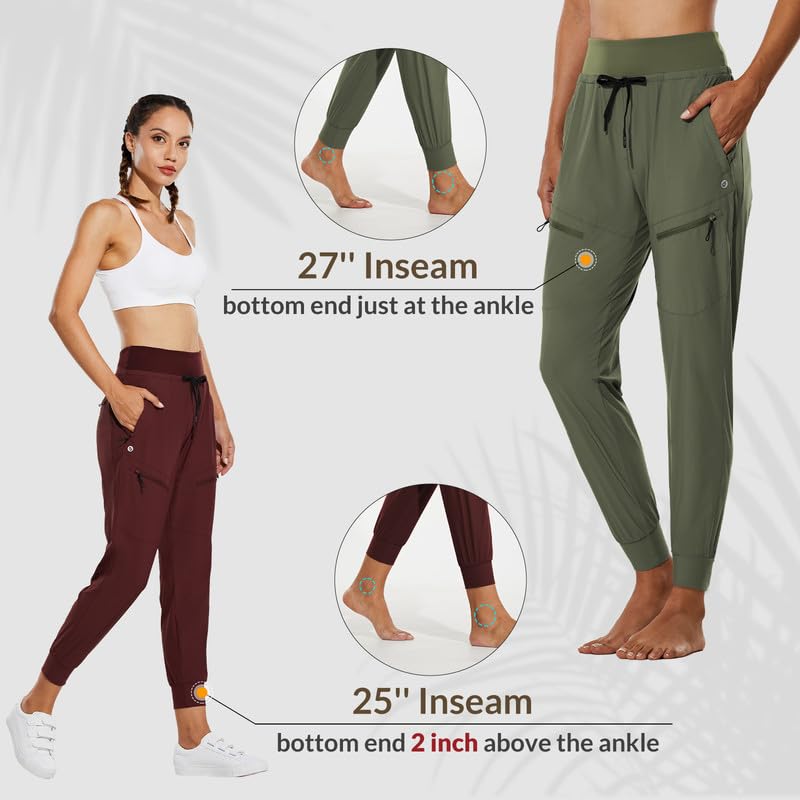 baleaf Women's Joggers 28'' Lightweight Hiking Pants High Waist 5 Zipper Pockets Quick Dry Travel Athletic UPF50+ Black L