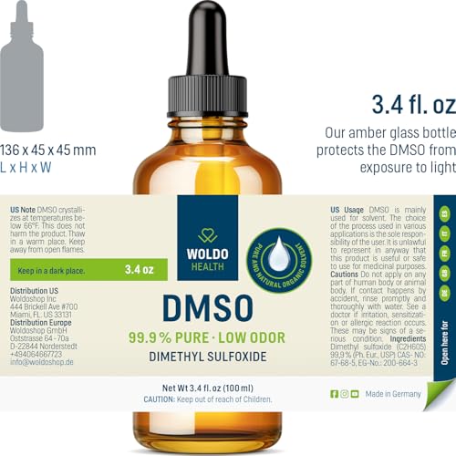 DMSO Pharmaceutical Grade with 99.9% Purity & Low Odor - 3.38oz (Dimethyl Sulfoxide) Glass Bottle with Dropper