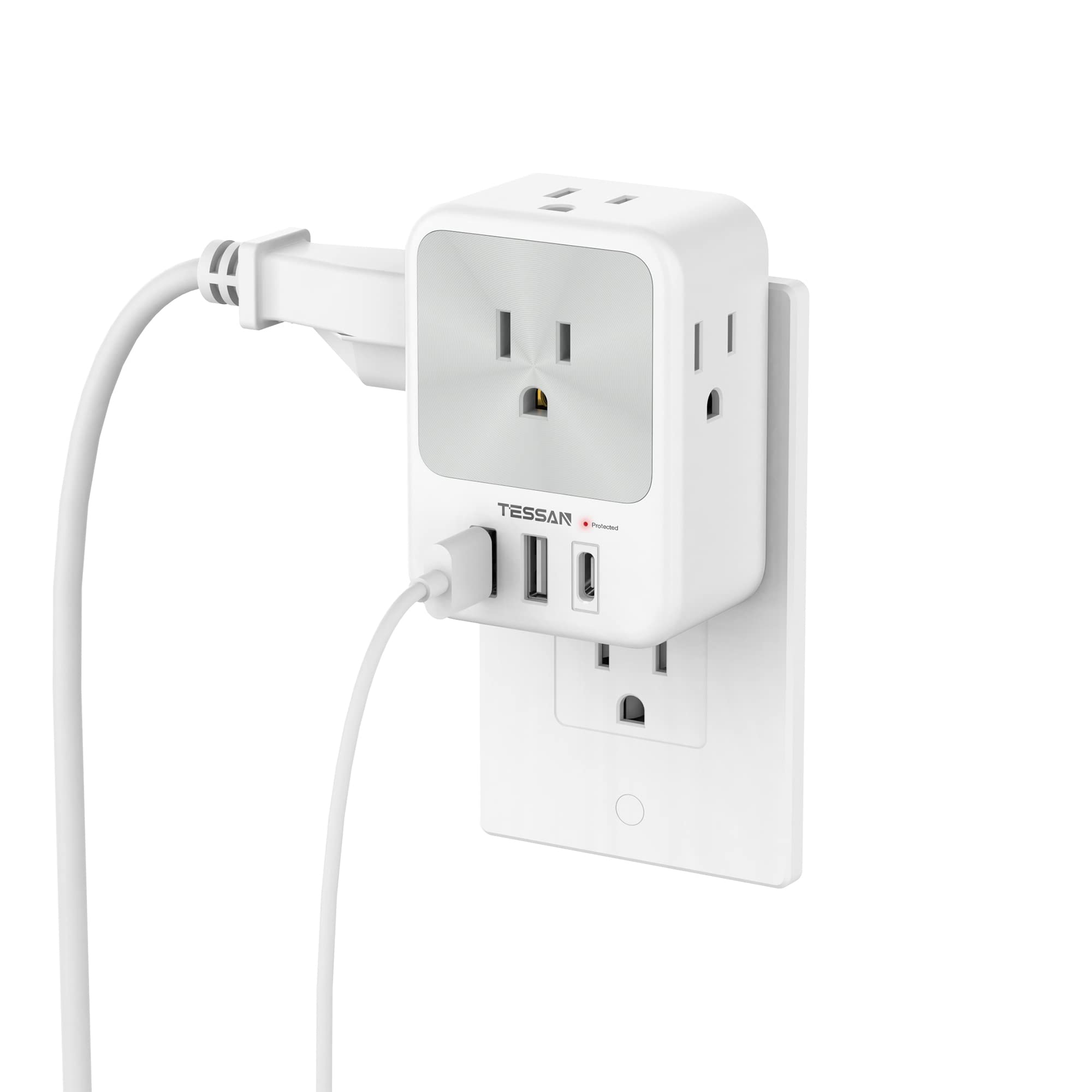 موسع مقبس الحائط للحماية من زيادة التيار، موزع مقبس متعدد من تيسان مع 3 كتل شحن USB (1 USB C)، شاحن حائط متعدد المقابس للمنزل والمكتب والمدرسة ومستلزمات سكن الكلية