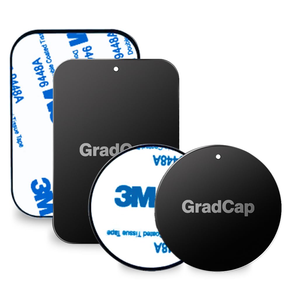 لوح GradCap معدني لحامل الهاتف المغناطيسي - 4 عبوات أقراص معدنية سوداء رفيعة للغاية عالمية مع ملصق لاصق قوي 3M - طقم ملحقات بديلة - مستطيلان (1.75 بوصة × 2.5 بوصة) ودائرتان (1.5 بوصة × 1.5 بوصة)