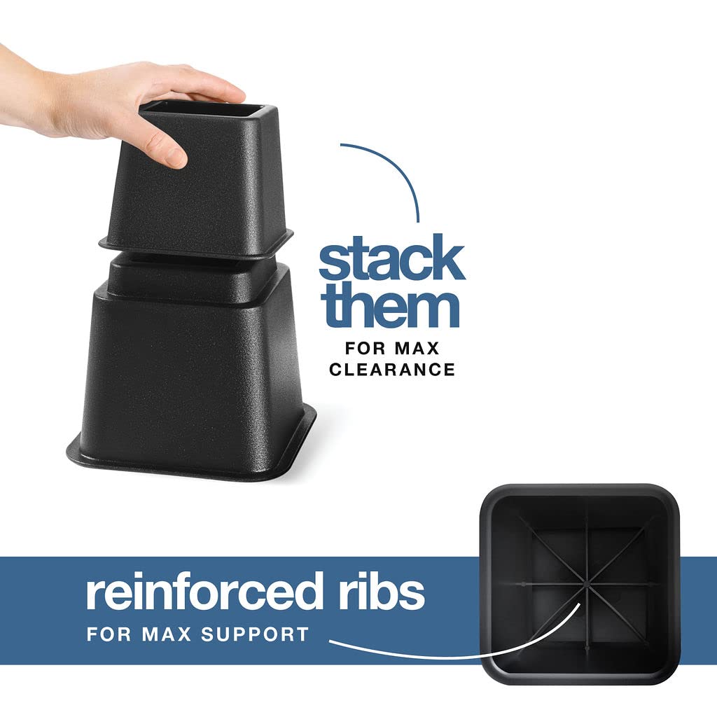 Home It Adjustable Bed Risers - Elevation in 3, 5 or 8 Inch - Heavy Duty Stackable Furniture Risers Supports 1,300 lbs - for Under-Bed Storage, College Dorms, Table and Couch, 4 Pack Bed Lifts Black