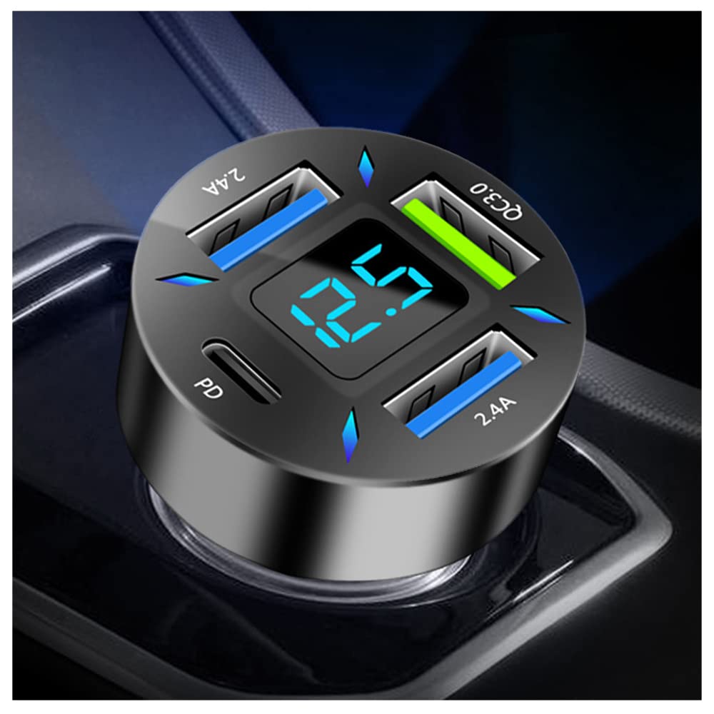 Autoladegerät 66W Super Schnellladung mit USB PD&QC 3.0 (Voltmeter & LED-Leuchten) Universelles Schnellladegerät für 12-24V Auto-Zigarettenanzünder, kompatibel mit iPhone 14 13 12, S22 S21 S20, iPad (Schwarz)