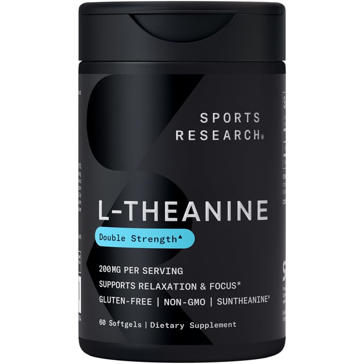 Sports Research Double Strength L-Theanin Nahrungsergänzungsmittel – Suntheanine Softgels für Fokus, Entspannung & Wachsamkeit – Nicht schläfrigmachende Unterstützung mit Kokosöl, gentechnikfrei & glutenfrei – 200mg, 60 Kapseln
