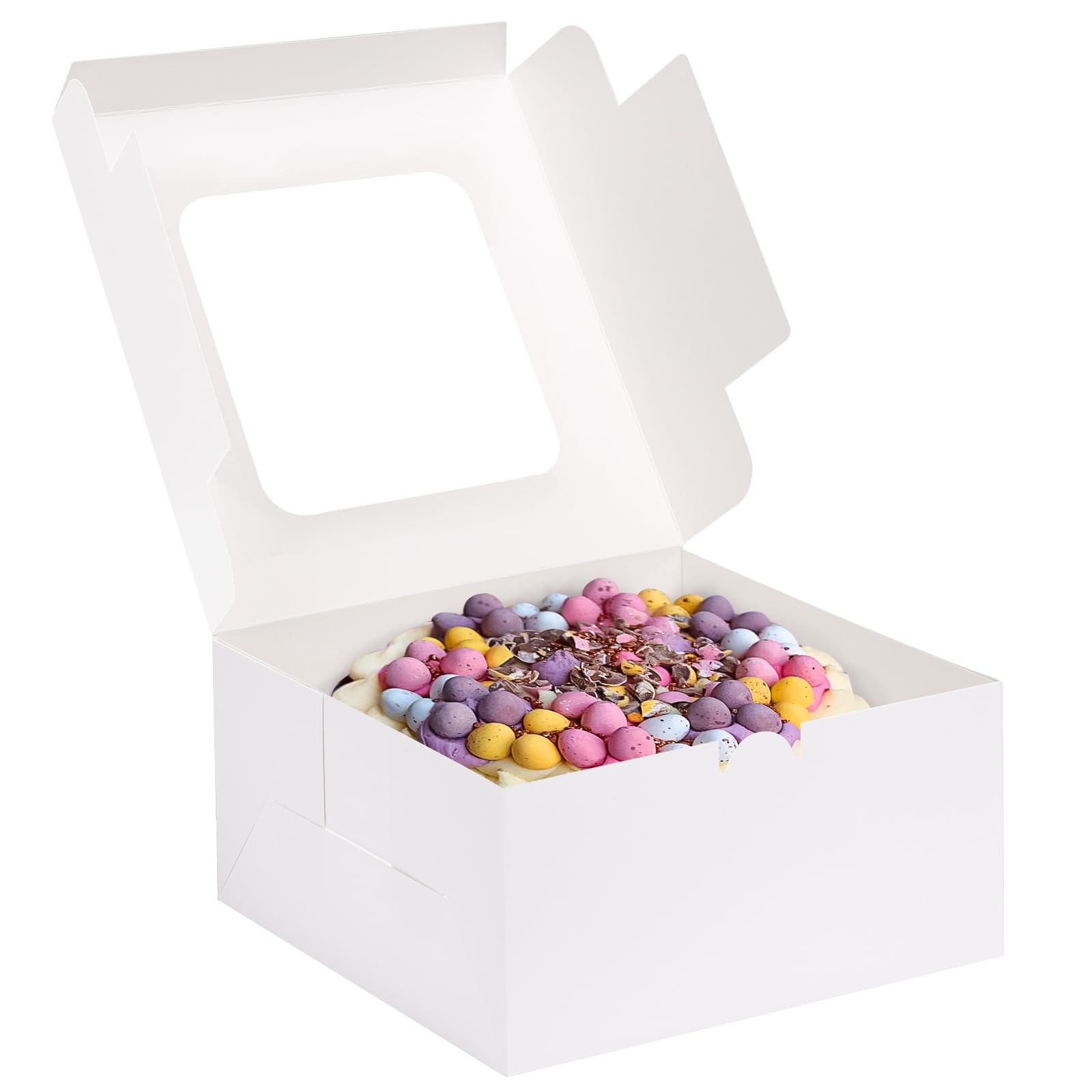 Moretoes 24pcs Cake Boxes, 10x10x5 Inches White Square Bakery Boxes with Window Cajas Pasteles for Cake, Mother's Day, Pastries, Chocolates, Cookies, Pie, Birthday Party, Wedding