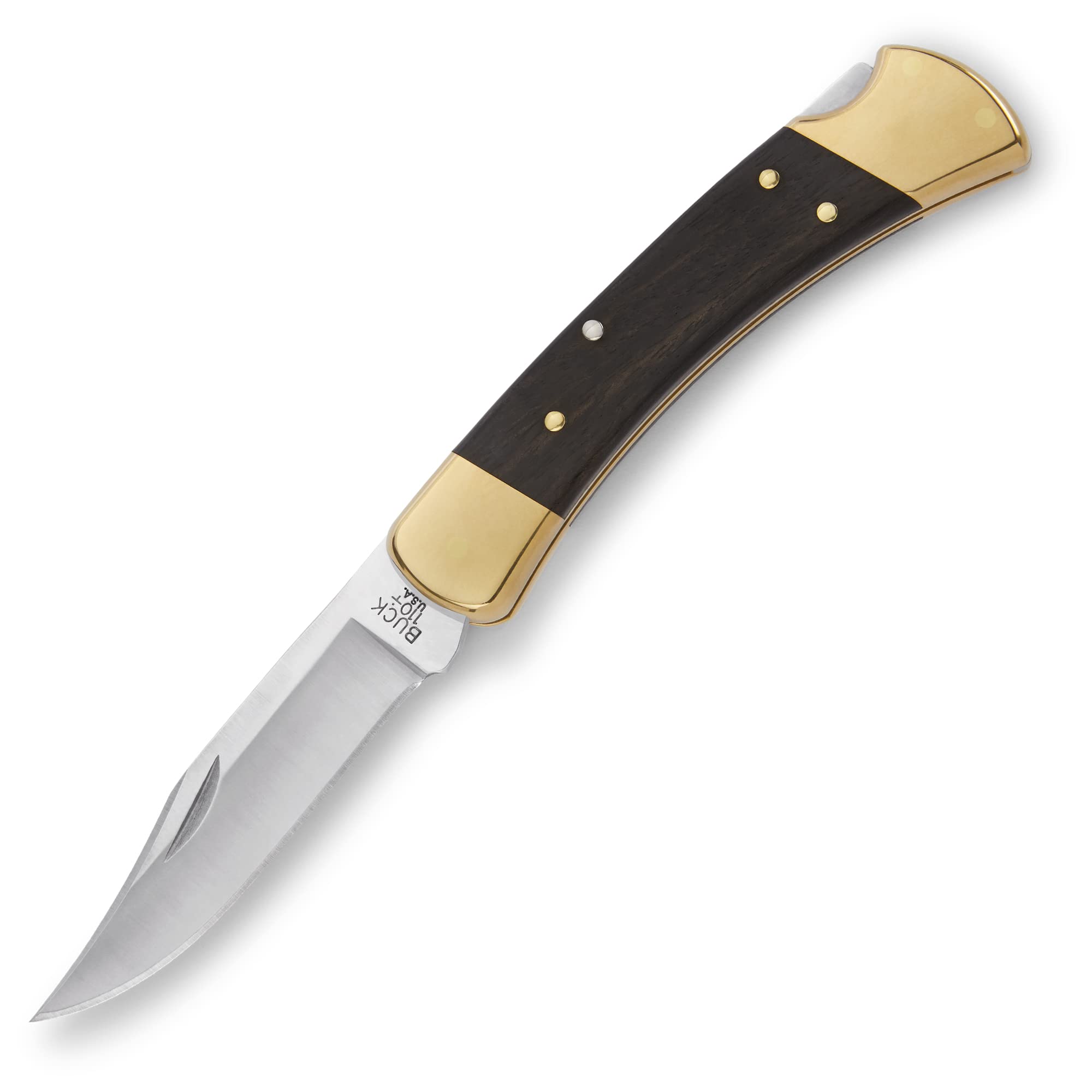 Buck Knives 110 Folding Hunter Knife, 3-3/4" Blade, Lockback Design, Ebony Handle, Brass Bolsters, 420HC Stainless Steel Clip Point Blade, Sheath Included, Hunting Knife Made in the USA, 7.2 oz