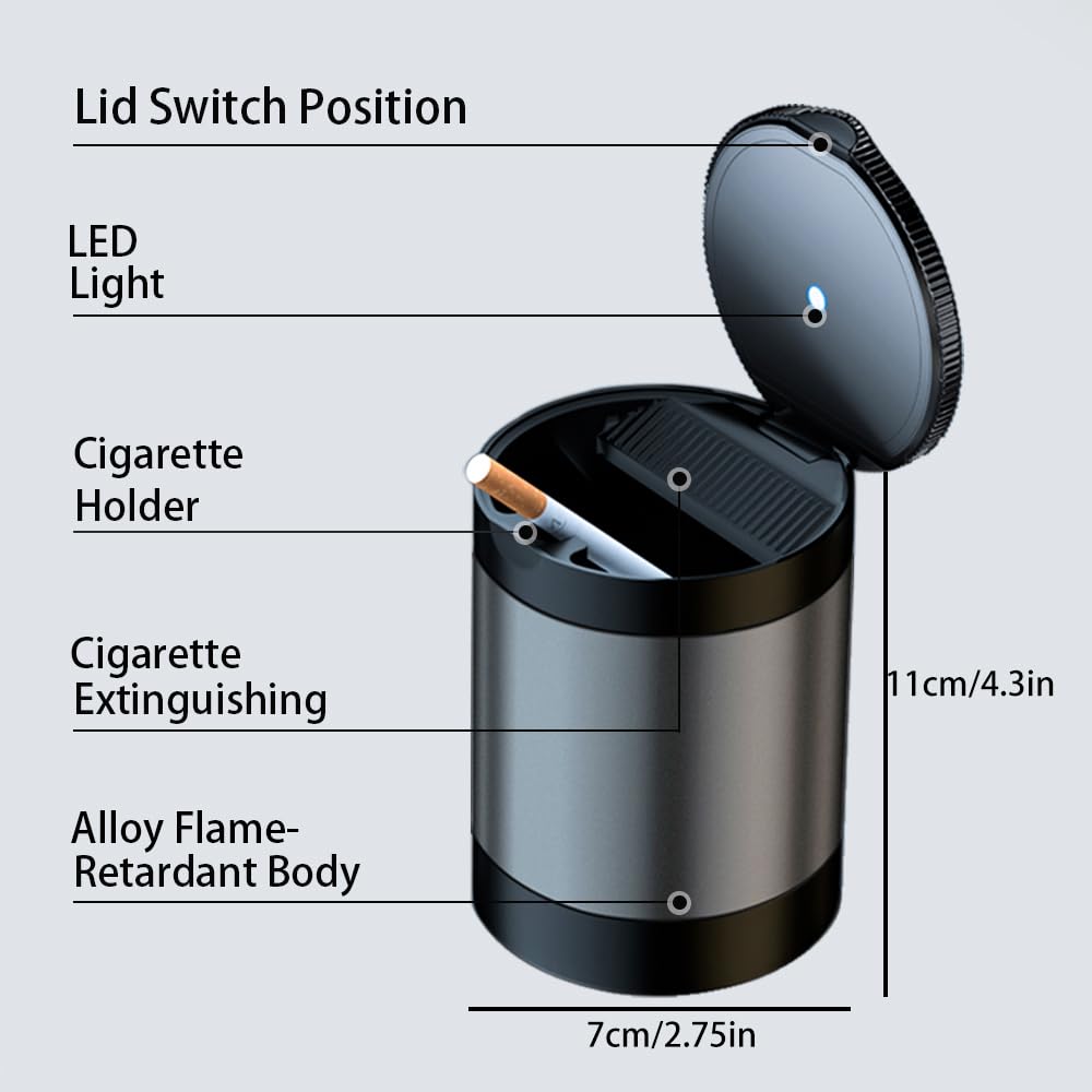 Tmengdao Ashtray with Lid,Smokeless Ashtray for Cup Holder Smell Proof,Detachable Stainless Steel Car Ash Tray with LED Auto Light, for Most Car, Office, Home (Grey)