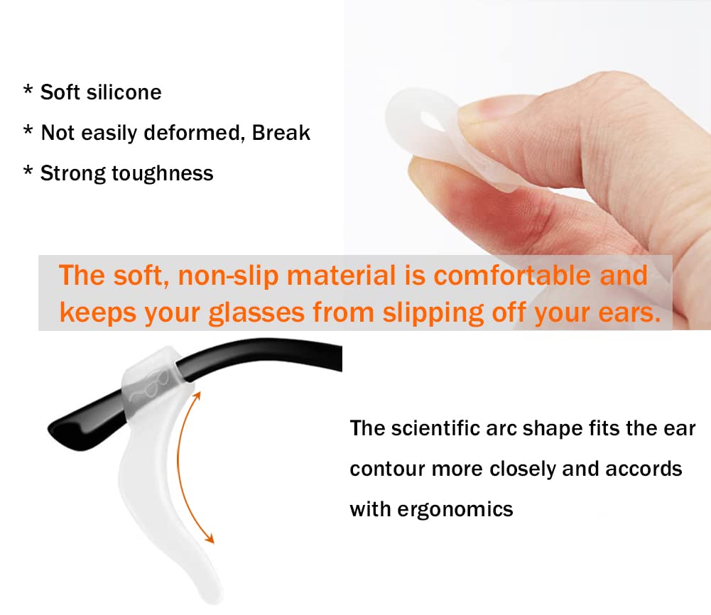 PTSLKHN Soft Silicone Eyeglass Ear Hooks, 10 Pairs of Glasses Anti Slip Grips For Sunglasses, Reading (Clear)