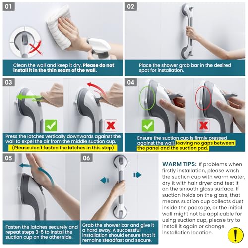 TAILI Grab Bars for Bathtubs and Showers 2 Pack Suction Grab Bar, Heavy Duty Shower Handle Removable Bath Handrails for Seniors and Elderly, Bathroom Safety Grip No Drilling Waterproof,Grey