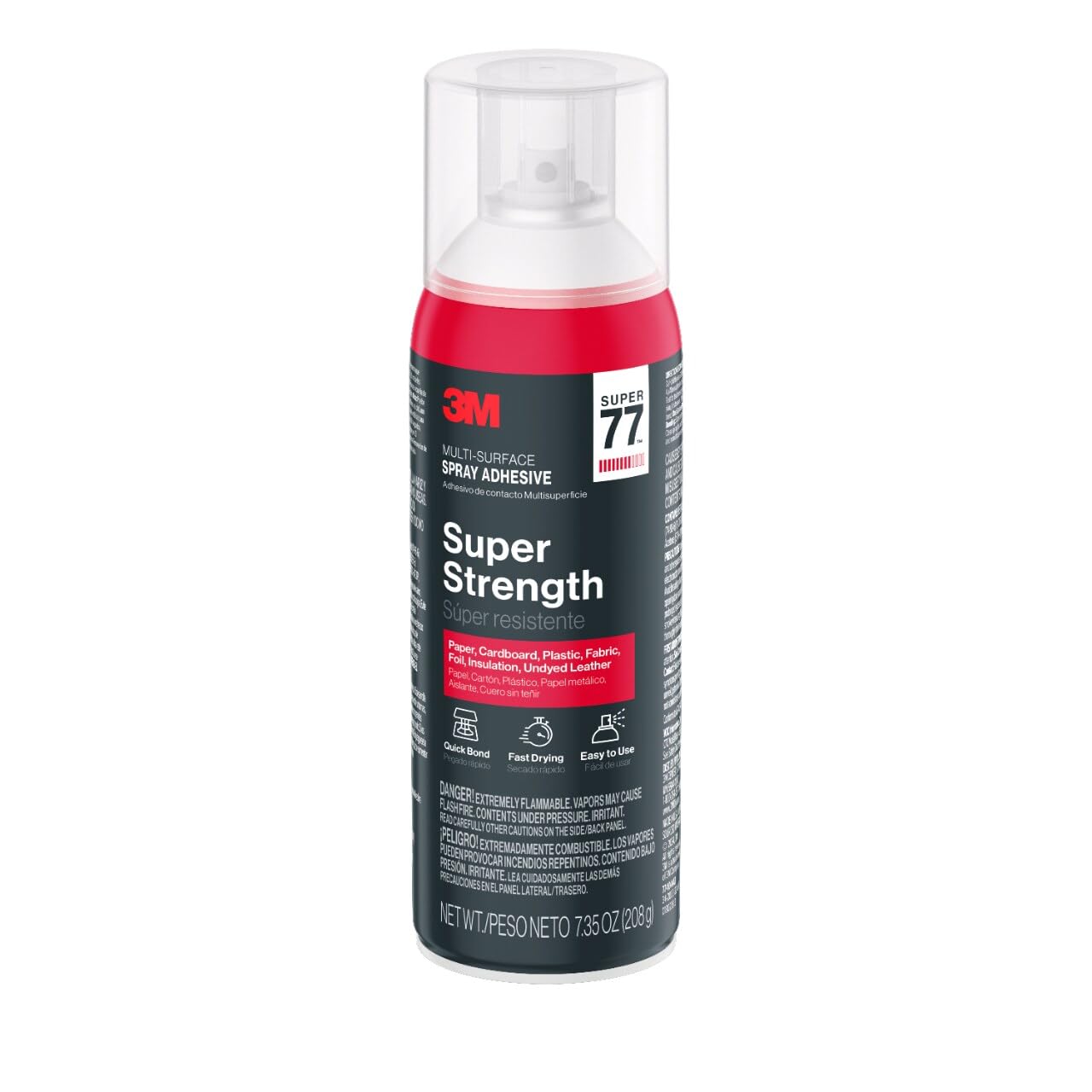 3M Super 77 Sprühkleber für verschiedene Oberflächen, 208 g, emissionsarm (VOC), schnelle Verklebung, schnell trocknend, transparente Oberfläche für Folie, Schaumstoff, Papier, Metall, Kunststoff, Stoff und Karton (77-10-NAT)