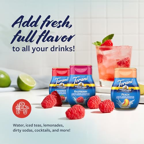 Torani Sugar Free Liquid Drink Enhancer, Water Flavoring Variety 5-Pack, Watermelon, Peach, Raspberry, Strawberry, and Coconut, 1.62 Oz Ea