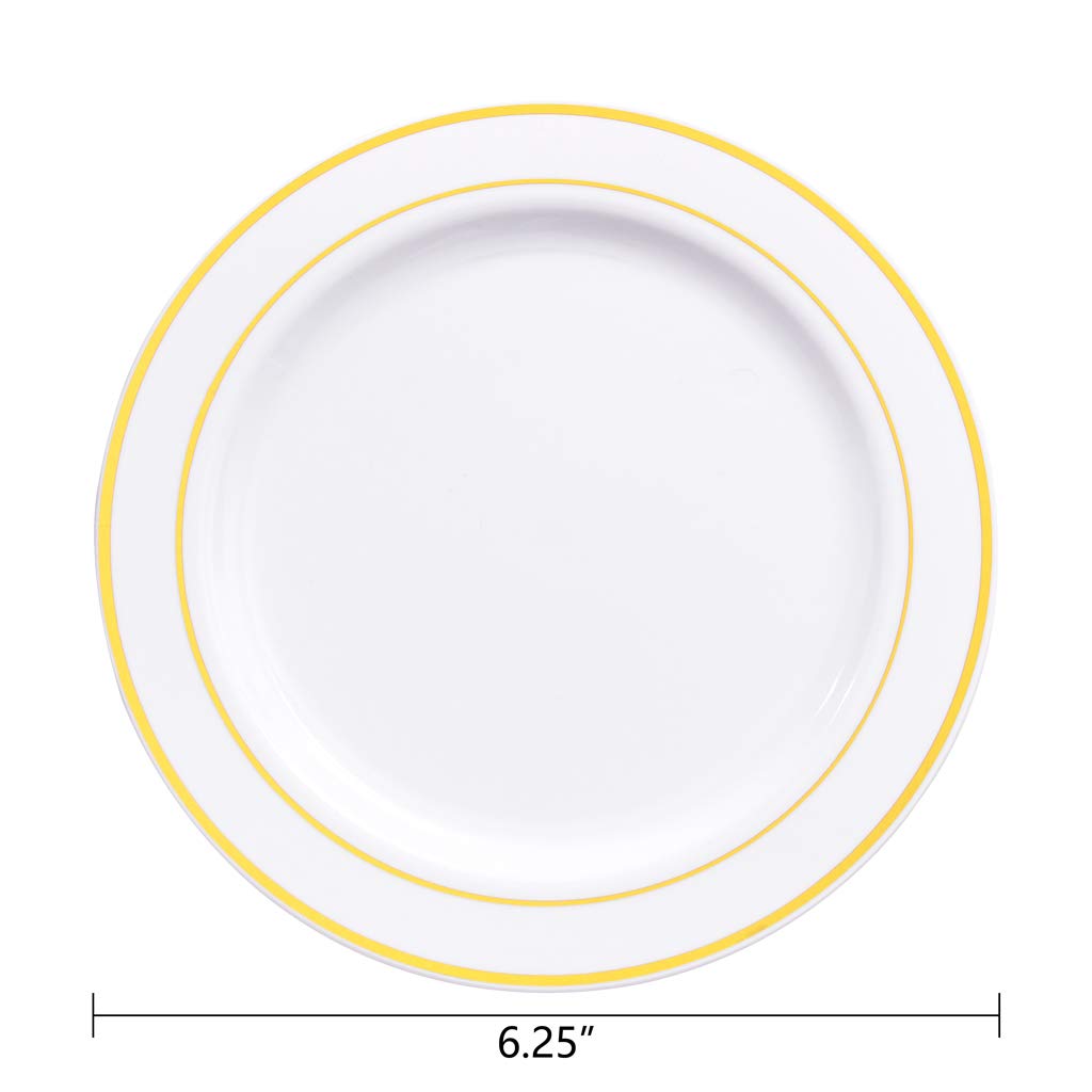 bUCLA 100Pieces Gold Plastic Plates - 6.25inch White with Gold Rim Disposable Salad/Dessert/Appetizer/Small Cake Plates Premium Hard - Ideal for Wedding & Party