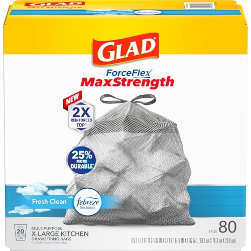 Glad ForceFlex MaxStrength Kitchen Trash Bags, 20 Gal, Fresh Clean Febreze, 80 Ct (Package May Vary)