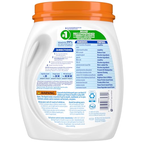 all Laundry Detergent Pacs, Mighty Pacs with OXI Stain Removers and Whiteners, Free Clear, Unscented and Dye Free, 56 Count