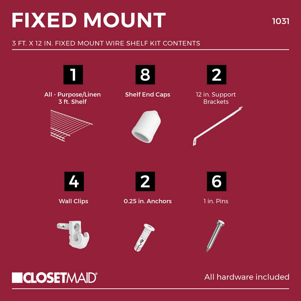 ClosetMaid Wire Shelf Kit with Hardware, 3 Ft. Wide, For Pantry, Closet, Laundry, Utility Storage, White Vinyl Finish