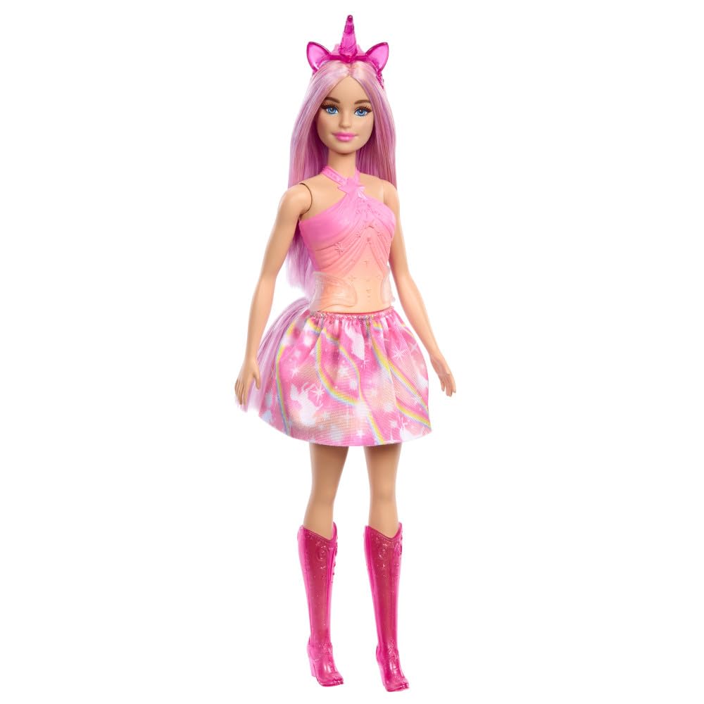 Barbie Einhorn-Puppe mit pinkem Fantasy-Haar, farbenfrohem pinkem und orangem Outfit und Einhorn-Fantasy-Accessoires