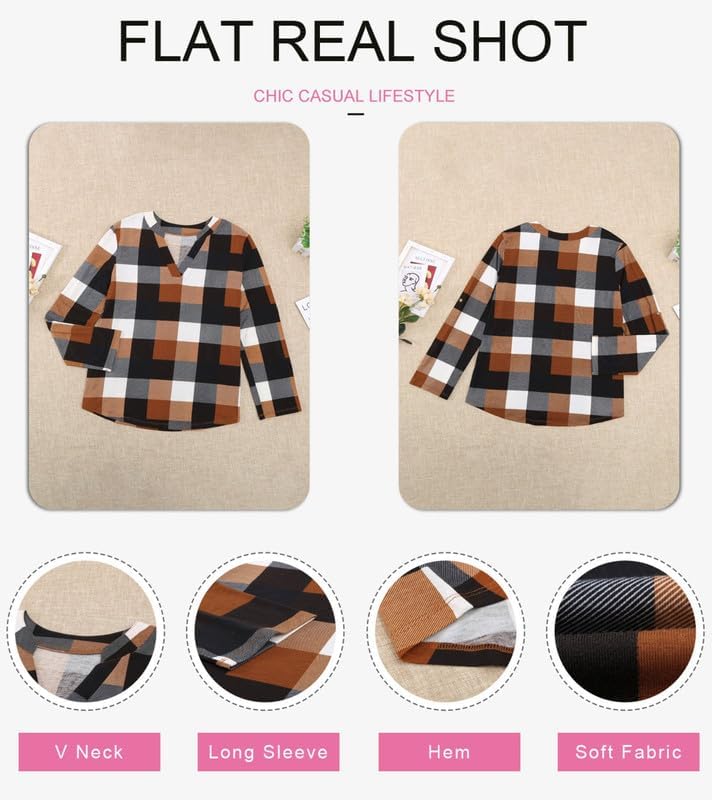 Dokotoo Womens Spring Summer Fall Fashion Casual Ladies Basic Cotton Cuffed 3/4 Long Sleeve Plaid Print V Neck Work Tunic Tops and Blouses Shirts for Women 2024 Orange