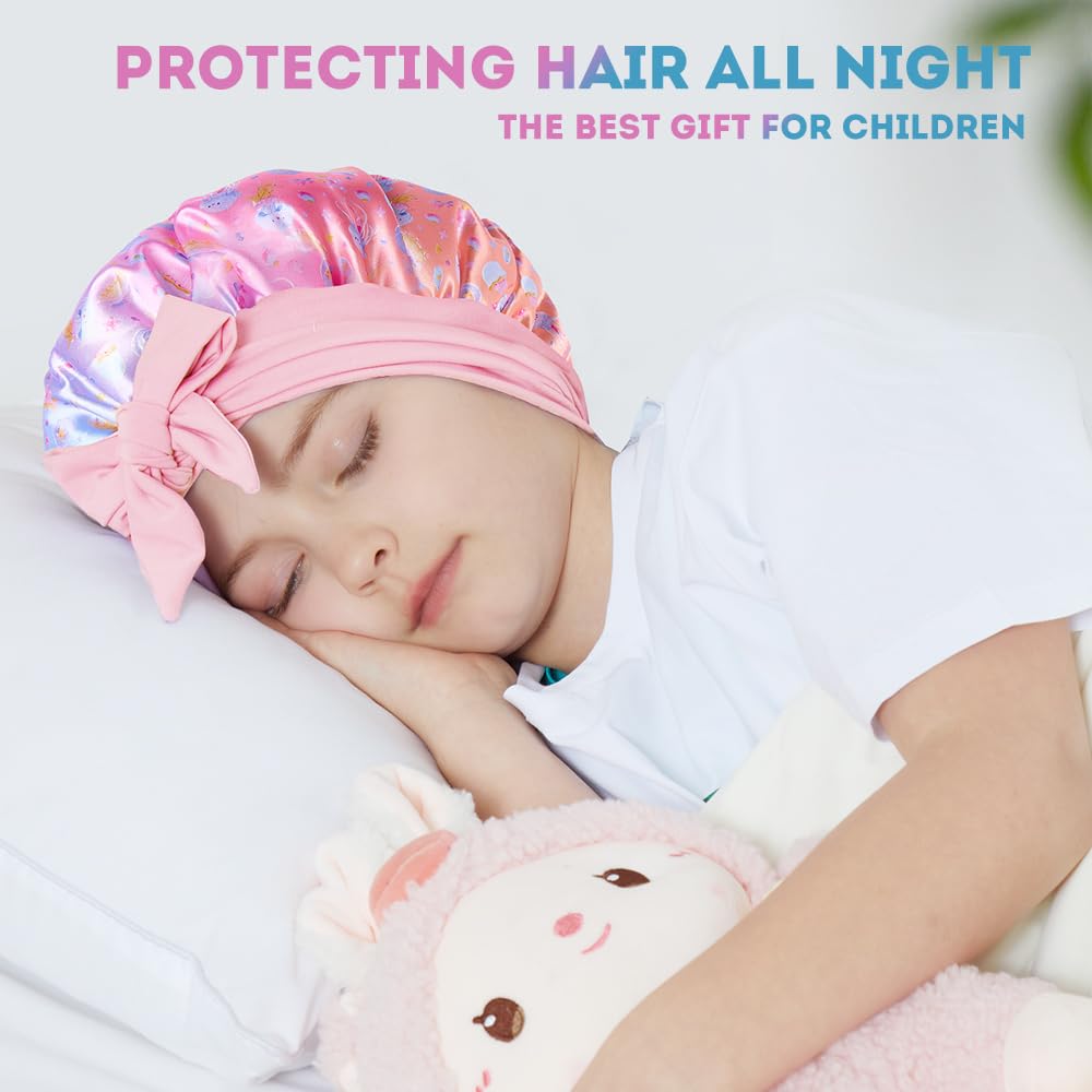 3 PCS Kids Bonnets for Girls,Kids Hair Bonnet,Silk Bonnet for Kid Sleeping,Cute Printed Silk lace up Children's Nightcap,A Sleeping Cap Suitable for Teenagers and Young Children
